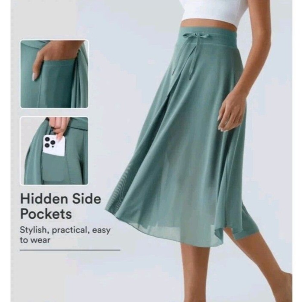 Halara High Waisted Drawstring Contrast Mesh 2-in-1 Pocket Flowy Midi Flare Sz L - Picture 7 of 7